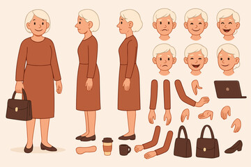 Casual middle aged woman wearing dress. Character constructor for animation. Front, side and back view set. Body parts, postures, poses collection. Vector illustration