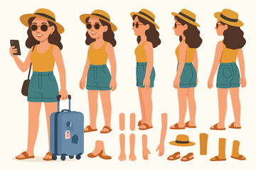 Girl wearing summer clothes holding baggage. Character constructor for animation. Front, side and back view set. Body parts, postures, poses collection. Vector illustration