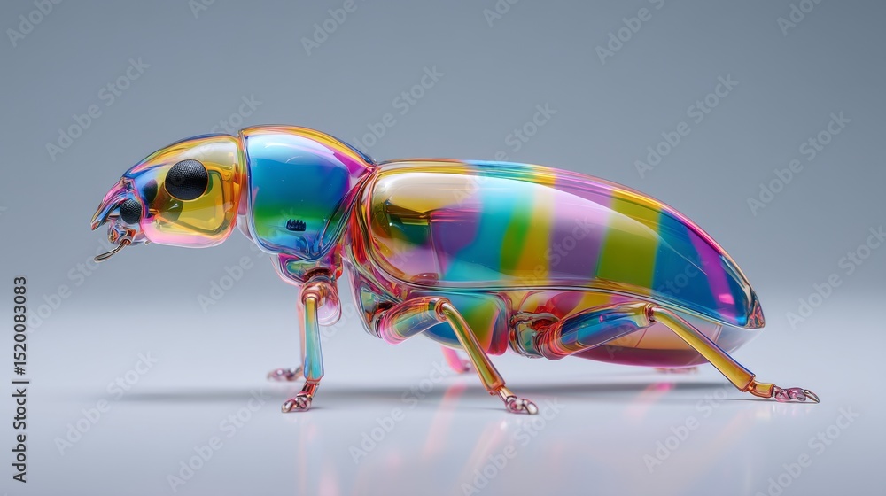 Poster a vibrant, colorful insect displaying a rainbow-like pattern and unique features.