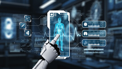 Close up of robotic hand pointing and clicking at human anatomy to access medical data or diagnosis...