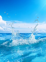 Blue Lake Splashes and Sun - Serene water splashes on a vibrant blue lake under a sunny sky. Symbolizing purity, freshness, tranquility, energy, and freedom