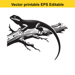 Vector illustration of a lizard on a branch, black and white printable EPS editable graphic