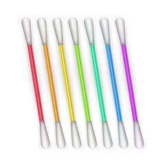 Close-up of cotton swabs arranged vertically for personal hygiene and cleaning