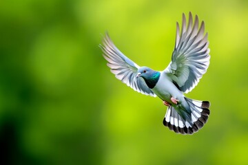 Fototapeta premium Common Wood Pigeon in Flight - A vibrant of a Common Wood Pigeon (Columba palumbus) in flight against a soft green background. Symbolizing freedom, peace, nature, grace, and wildness