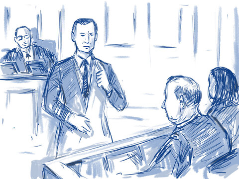 Pastel pencil pen and ink sketch illustration of courtroom trial setting with lawyer of defendant, plaintiff, addressing jury in closing argument in court case in judiciary court of law.