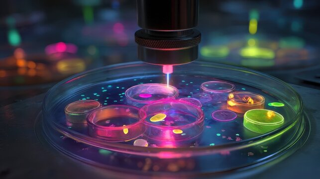 Microscopic View of Bioengineered Cells Glowing Under Laser