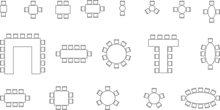 Seat plan icon set, Home, restaurant, seminar, school, top view, chair and table, architectural plan with blueprint, customizable stroke, vector, illustration