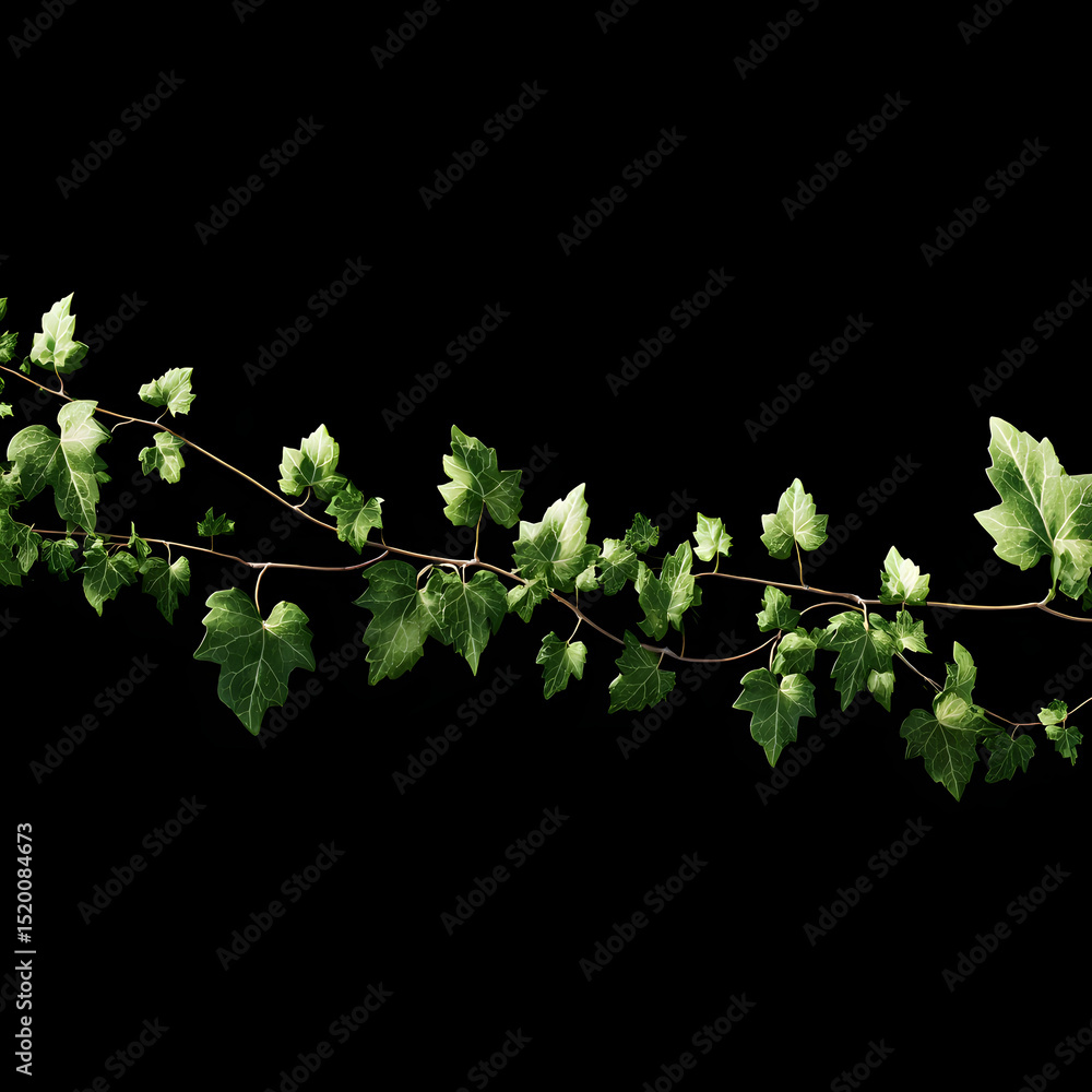 Poster ivy branch with green leaves isolated against a stark black background in a studio setting view hori