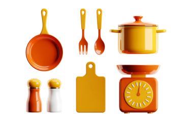 Kitchen Essentials: A curated selection of vibrant kitchen tools. A delightful composition of cooking utensils, from a pan and pot to a cutting board and scale.