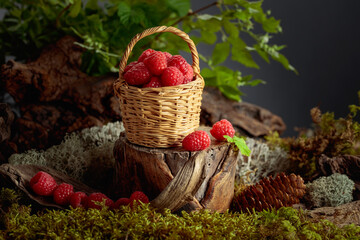 Small wicker basket filled with fresh, ripe raspberries.