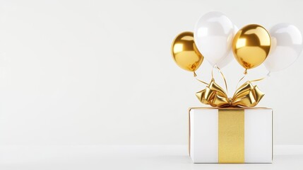 Elegant Gift Box with Balloons - White gift box with gold ribbon and gold and white balloons on top. Perfect for celebration or special occasion