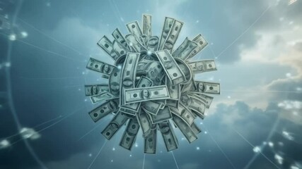 Global finance thrives as dollar and euro currencies, represented by falling hundred dollar bills and the dollar sign on Earth, symbolize wealth and investment success in the city of dollar