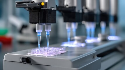 Advanced Pipetting Robots in Genetic Research Close-up View