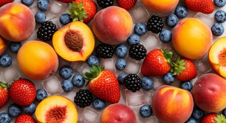 Obraz premium Peach, strawberry, blueberry, blackberry, and ice