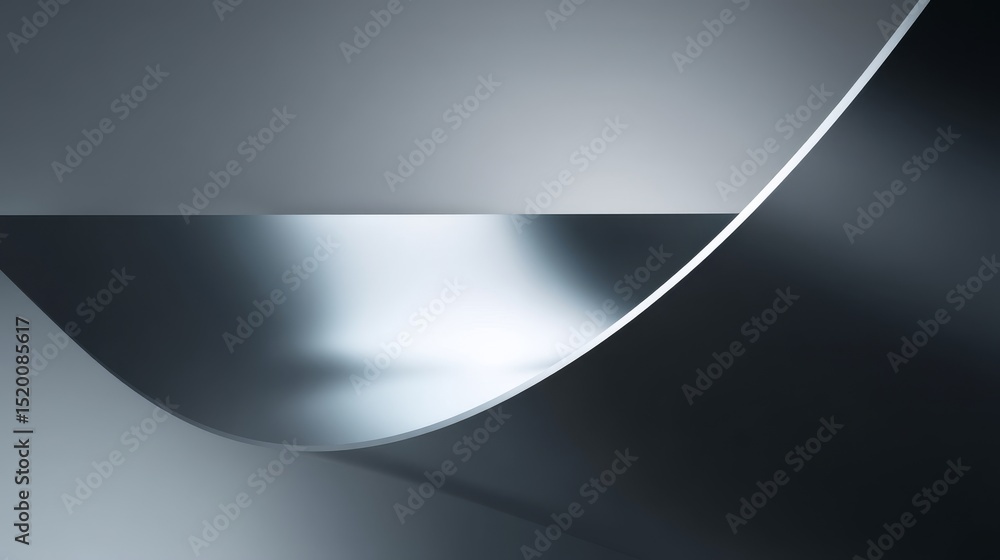 Poster abstract metallic curves reflecting light and shadow in a minimalistic setting.