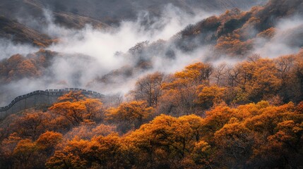 Fototapeta premium Early morning mist rising through the trees below the Great Wall as the structure fades into the clouds
