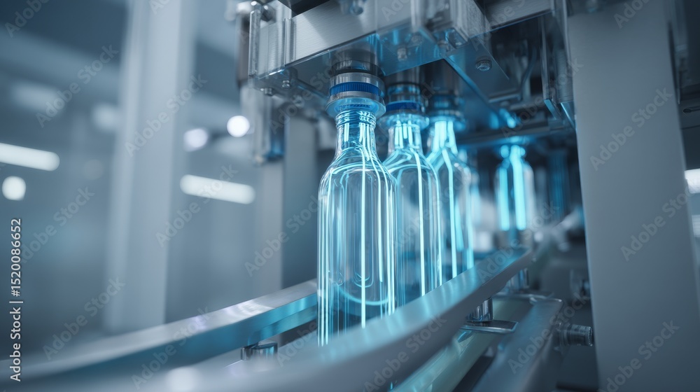 Poster automated production line filling bottles with liquid in a modern factory.