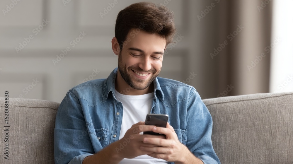 Poster relaxed man smiles while using smartphone on sofa in cozy living room during daylight hours