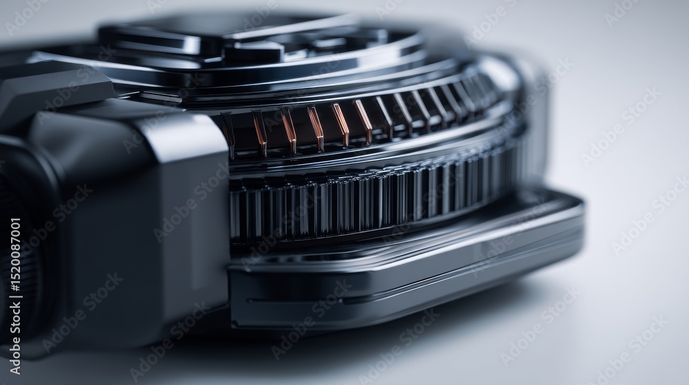 Poster close-up of a modern camera lens showcasing intricate design and precision engineering.