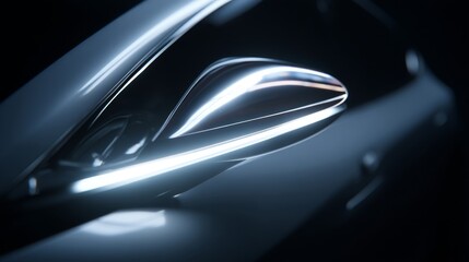 Close-up of a modern car's sleek side mirror reflecting ambient light.