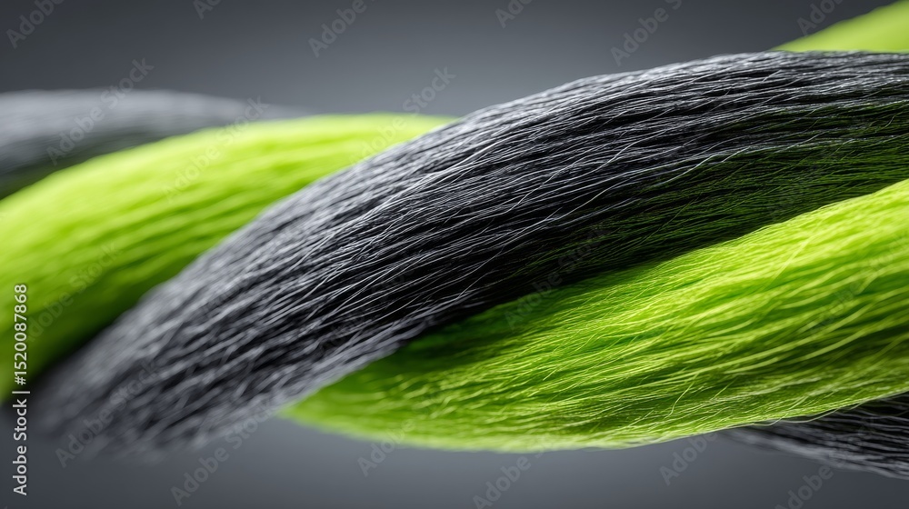 Aufkleber close-up of intertwined black and green textured fibers creating a dynamic visual.