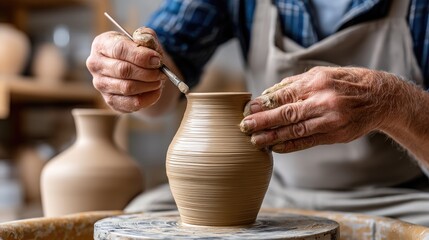 An elderly man skillfully molds a clay pot on a potters wheel in a vibrant workshop, highlighting the beauty of artisanal craftsmanship