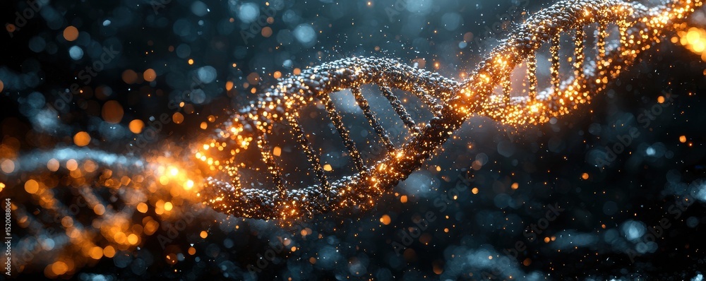 Poster illuminated dna double helix with glowing particles in a futuristic abstract design