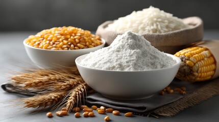 Textured bowls filled with rice, millet, corn, and wheat flour alongside golden sorghum create a visually appealing arrangement