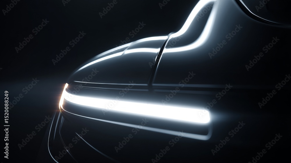 Poster close-up view of a sleek car with illuminated design features against a dark backdrop.