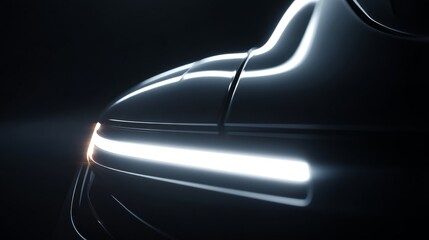 Close-up view of a sleek car with illuminated design features against a dark backdrop.