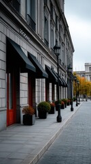 Fototapeta premium Luxury fashion store features sophisticated black awnings with striking red details in a stylish neighborhood