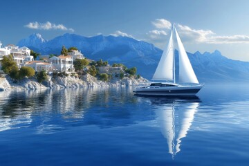 Obraz premium Sailboat in Coastal Paradise - Serene sailboat glides on calm waters near a picturesque coastal village nestled against majestic mountains