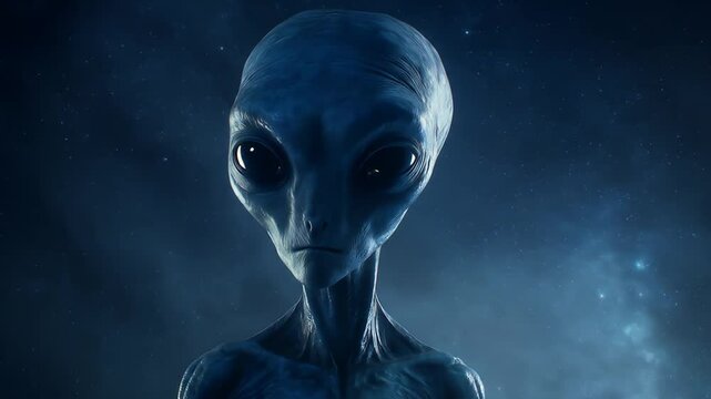 Close-Up of a Realistic Blue Alien Against a Starry Cosmic Background, Sci-Fi Concept.