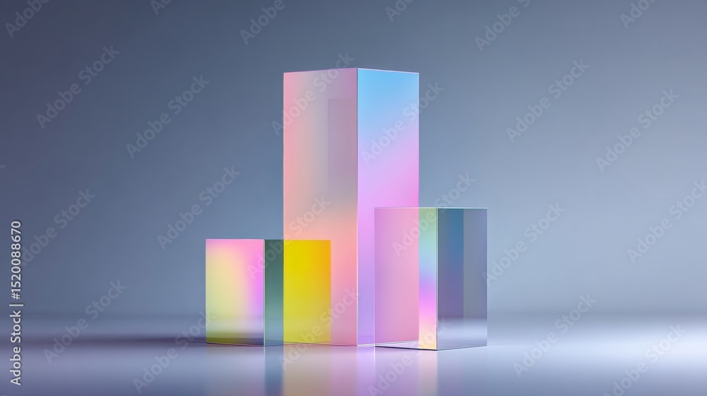 Poster colorful abstract blocks in various sizes reflecting light with a modern aesthetic.