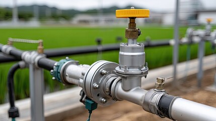 Industrial water pump connects to pipes in lush green rice fields against a cloudy sky, showcasing agriculture and water management