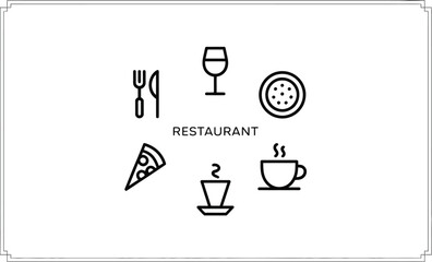 A restaurant menu icon set with pizza, coffee, wine, food, and cutlery on a gray background design layout