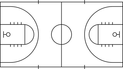 Basketball court with markings. Basketball playground markings with lines on a transparent background. Basketball court in top view. Vector