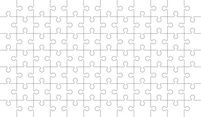 Blank puzzle template. Jigsaw game with outline puzzle pieces. Horizontal mosaic background with puzzle pieces. Vector