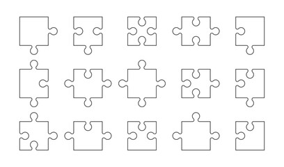Puzzle pieces collection. Separated puzzle elements with different edges. Blank puzzle elements on a white background. Vector