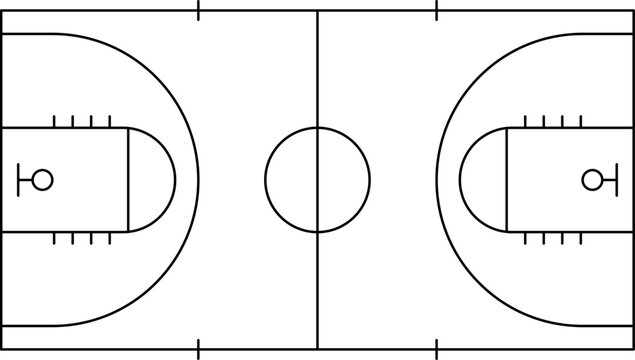 Basketball court with markings. Basketball playground markings with lines on a transparent background. Basketball court in top view. Vector