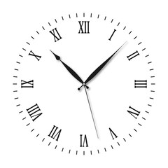 Vintage clock face with Roman numerals and retro hands. Victorian clock dial with hands and Roman numbers. Vector