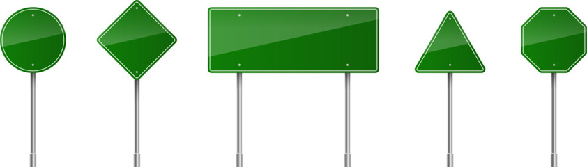Set of green road signs. Blank traffic signs, highway boards, signposts, and signboards. Realistic traffic signs isolated on a white background. Vector