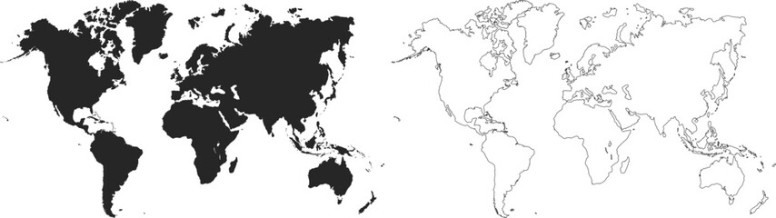World map on white background. Outline world map. World map template with continents. North and South America, Europe and Asia, Africa and Australia. Vector