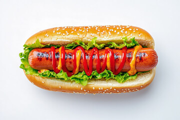 Close-up of a grilled hot dog in a sesame bun with fresh lettuce, ketchup, and mustard on a white background.
