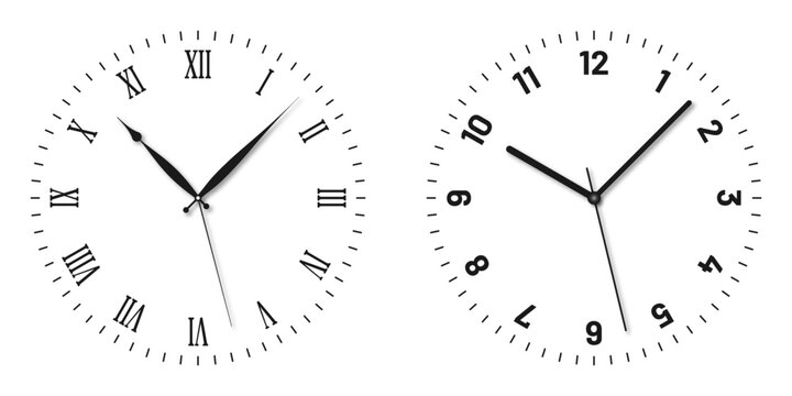 Vintage and modern clock faces with Roman numerals and retro hands. Blank clock dial with hours, minutes, and seconds hands. Victorian clock dial with hands. Roman and modern numbers. Vector
