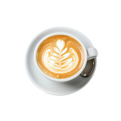 Cup of Cappuccino with Latte Art and Coffee Beans on transparent background

