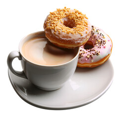Cup of Cappuccino with Latte Art and Coffee Beans on transparent background

