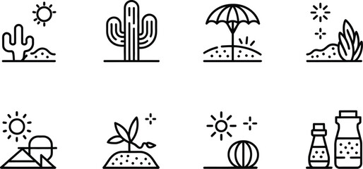 A collection of desert and beach themed line art icons including cactus, sun, umbrella, and jars icons