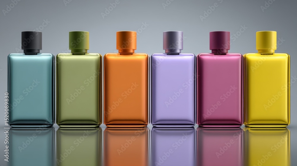 Poster colorful bottles with unique designs lined up on a reflective surface.