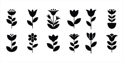 flower icon set vector silhouette on white background.